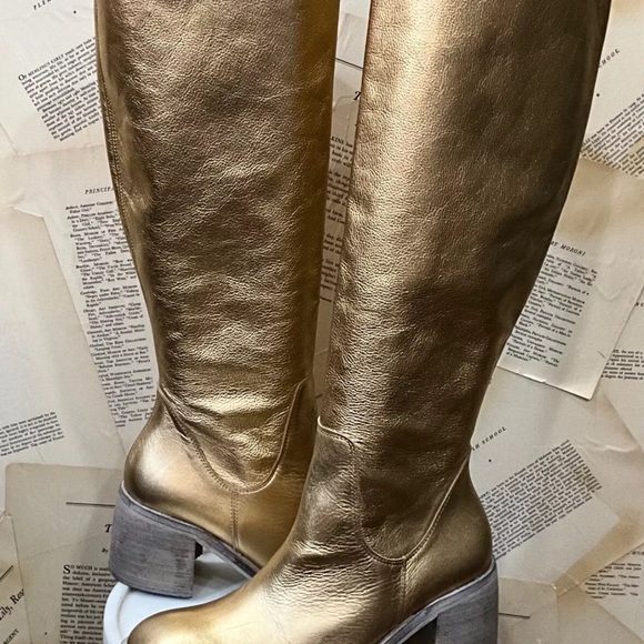 Free People Essential Tall Boot Inside Zipper Gold Metallic Leather - Picture 9 of 11